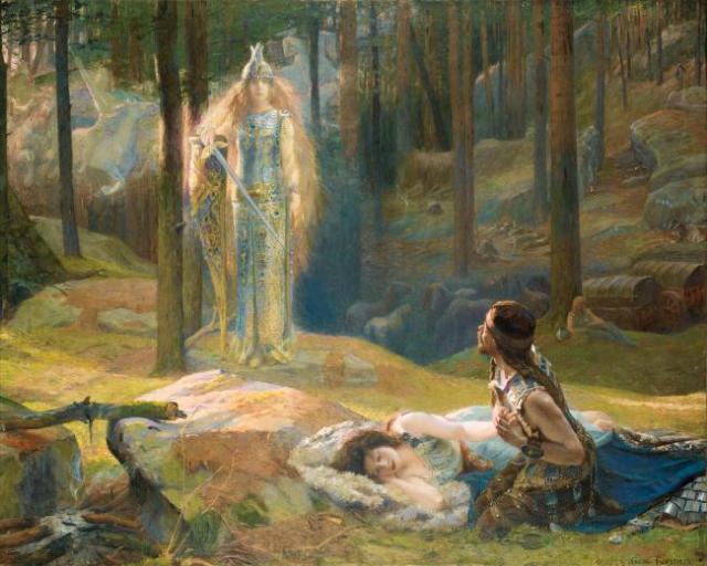 Brunhilda anuncia la muerte a Sigmundo. Óleo de Gaston Bussière